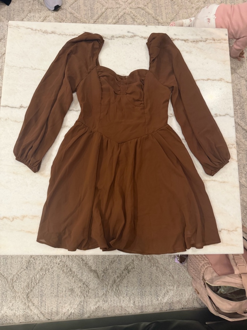 SHEIN Brown Long Sleeve Sweetheart Mini Dress